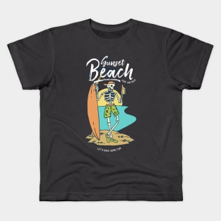 Sunset Beach Surfing | Skeleton Drinking Surfer Cali Cool Kids T-Shirt